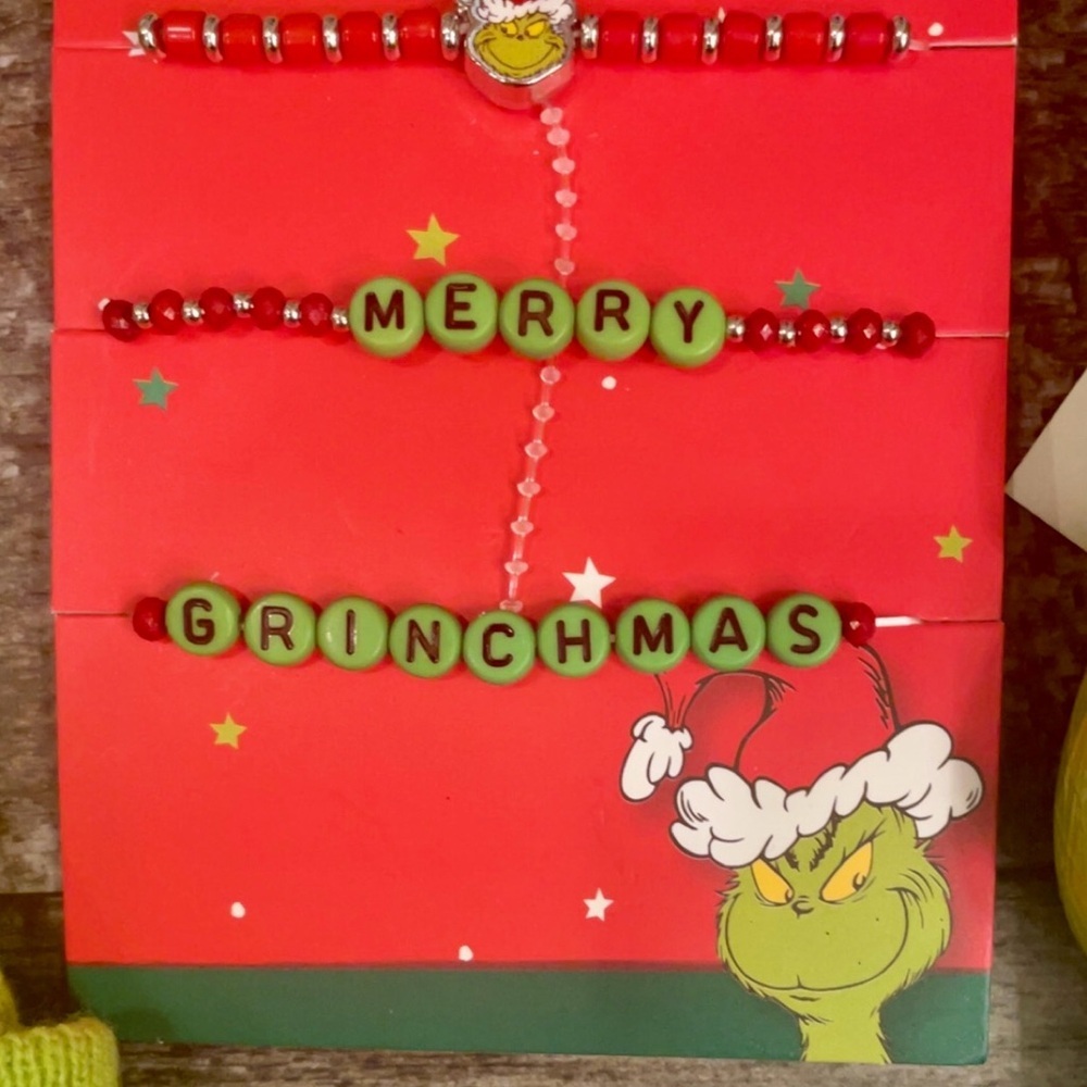 Grinch Green Beanie with Heart Patch, bracelets, and pen. - Picture 3 of 4